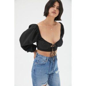 LIONESS Crop Top Break My Stride Tie front Long Balloon Sleeve Black SeXy Size M